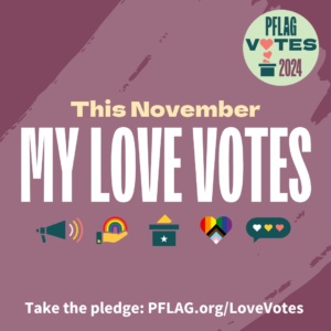 Graphic with text: This November My Love Votes Take the pledge: plfag.org/lovevotes