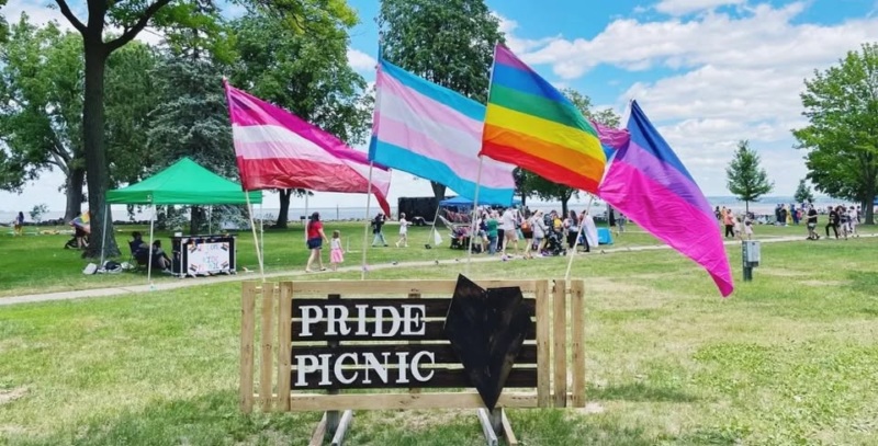 Grassy park area with a sign that says "Pride Picnic" surrounded by pride flags