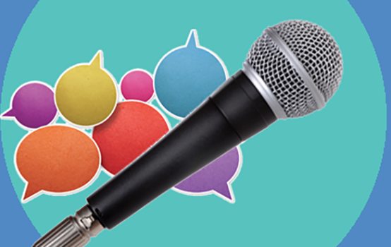 Graphic of microphone and speech bubbles