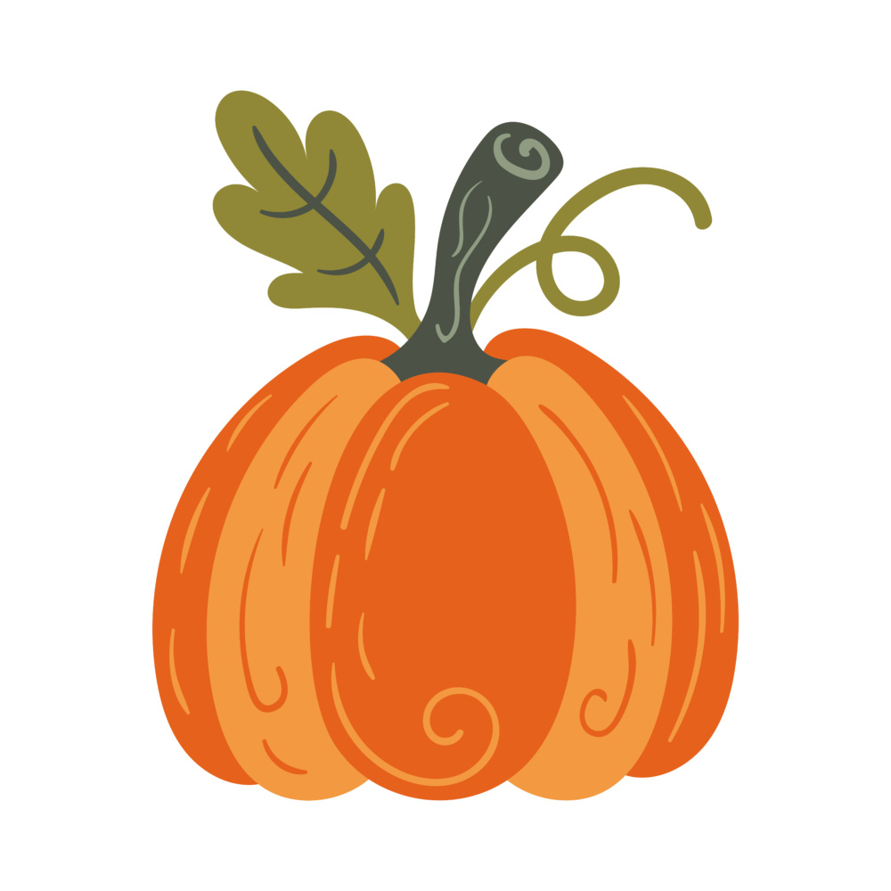 An orange pumpkin with a green stem and leaves